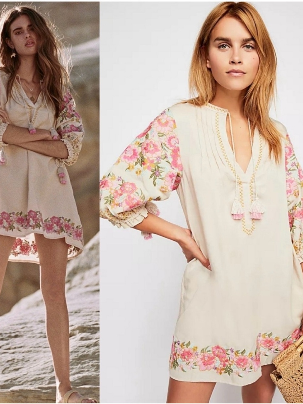 Spell Cream Tunic with Pink Floral Embroidery